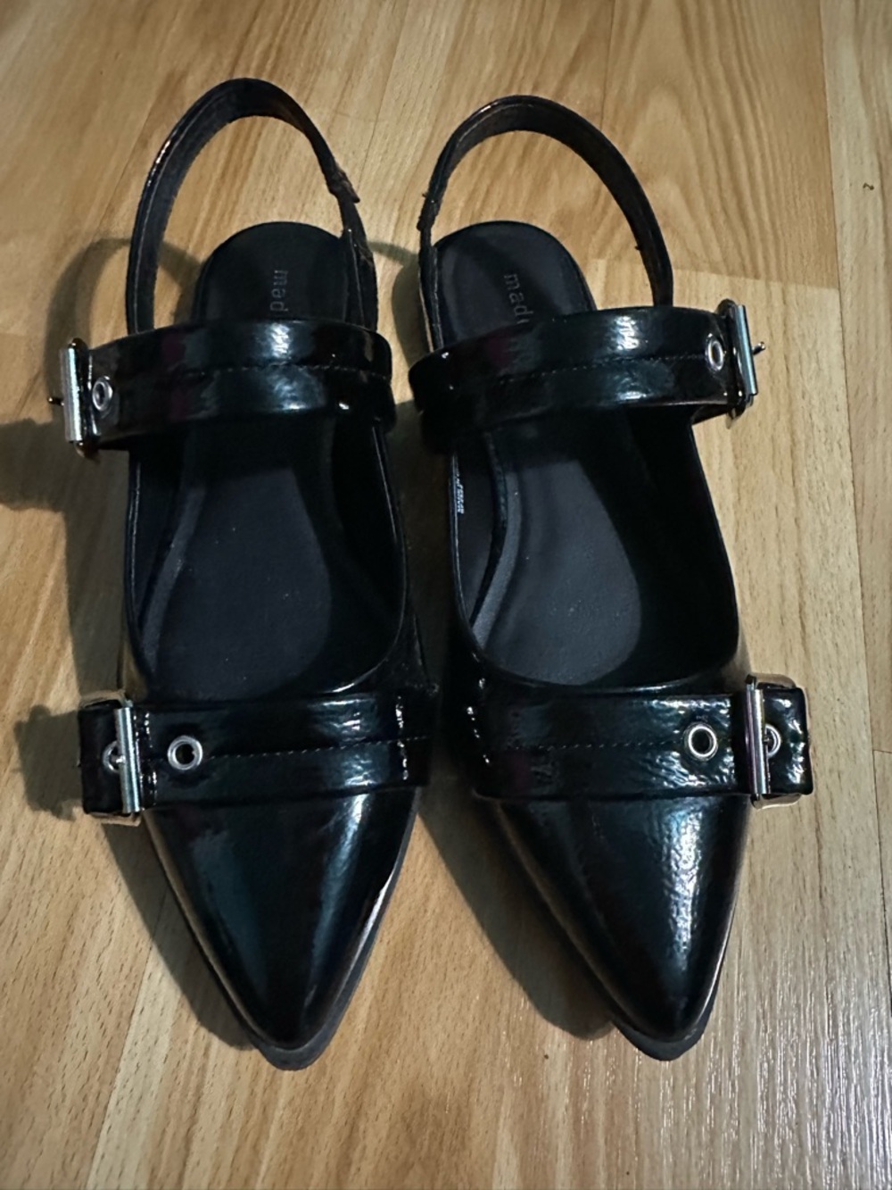 Madden Girl Black Patent Pointed Toe Buckle Slingback Flats